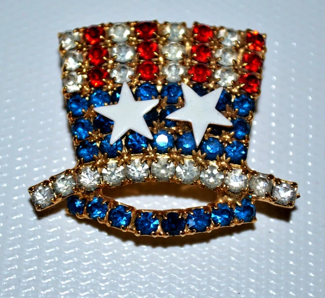 Vtg Patriotic Uncle Sam Top Hat Red White & Blue Rhinestone Pin Beautiful Rare