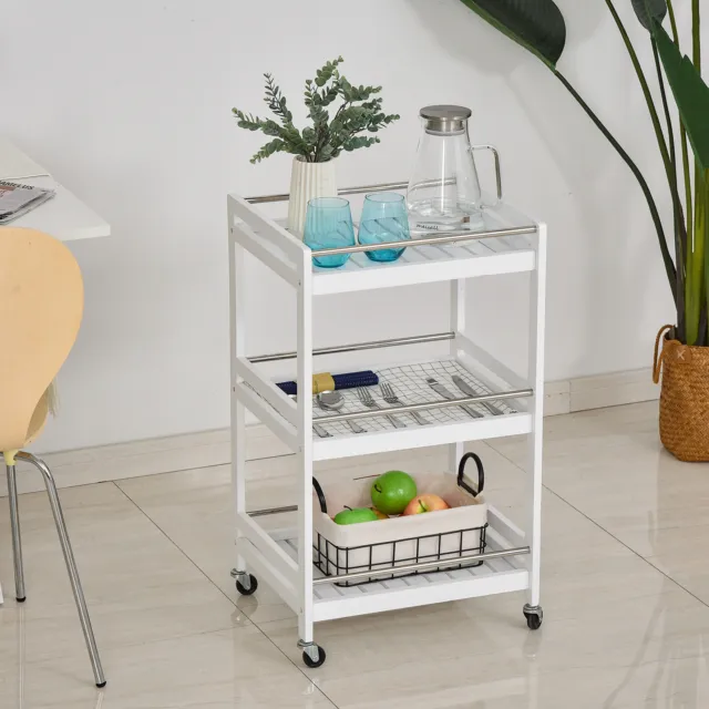 3-Tier Home Trolley Kitchen Storage Cart Steel Bars 4 Wheels Rolling Unit White