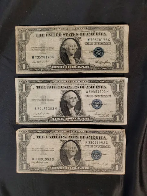 3 Series 1935 E One Dollar Bill Silver Certificate Blue Seal