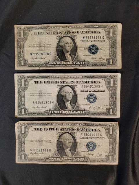 3 Series 1935 E One Dollar Bill Silver Certificate Blue Seal
