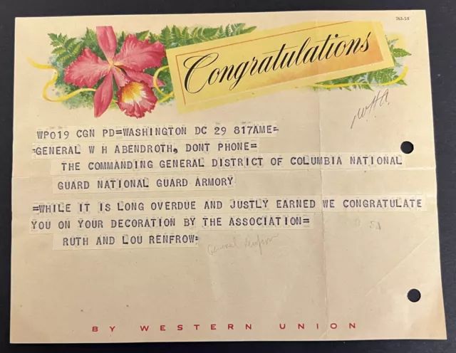 1959 Western Union Telegram General W. H. Abendroth National Guard May Be Signed