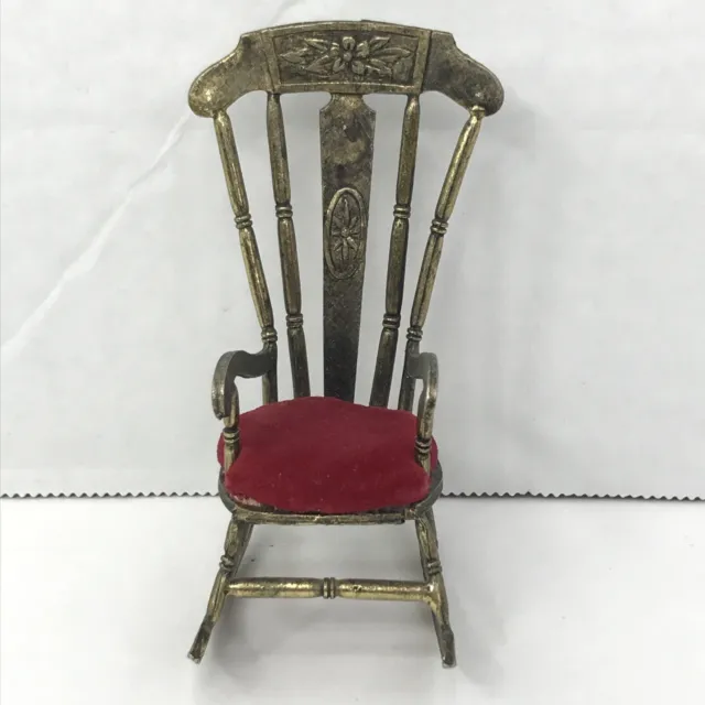 Vintage Dollhouse Miniatures Brass Rocking Chair With Red Cushion Seat