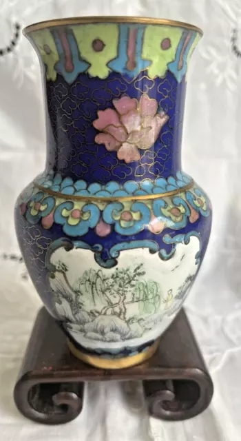 Antique Chinese Cloisonne Vase Floral Bird Countryside Enamel Hand Painted