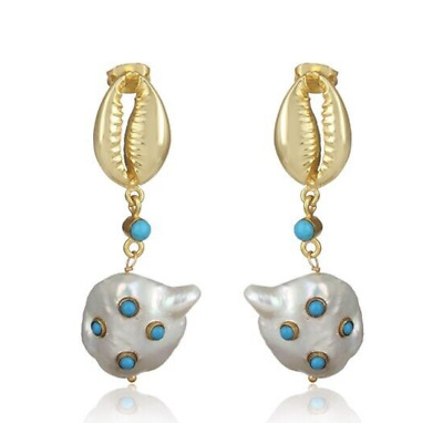 Fresh Water Pearl Earrings With Cowrie Shell Gold Plated Multi Turquoise Earring