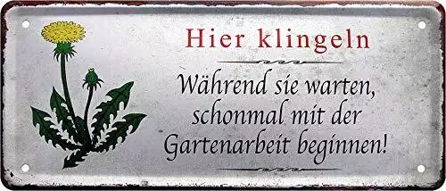 Blechschild Lustiger Spruch “Hier klingeln Während sie warten" Deko Schild 28x12