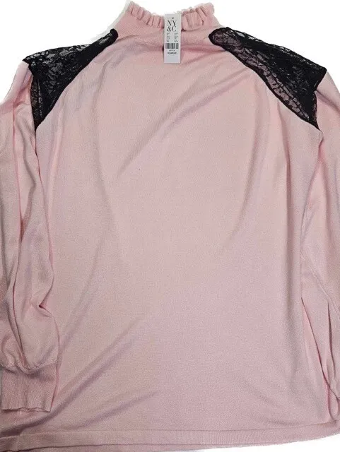 NEW YORK & COMPANY Blouse Women’s XL Long Sleeve Pink Black Lace Ruffle Top NEW