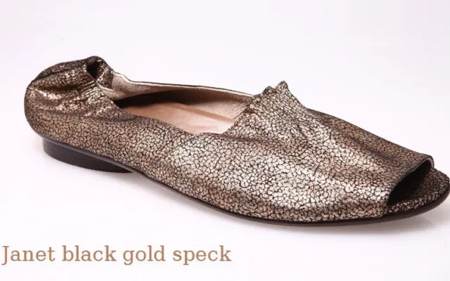 Salpy 7 Hand-Crafted Janet Shoes Made U.s.a. Black Gold Speck Peep Toe Flats