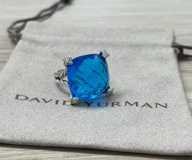 David Yurman Sterling Silver 20mm Cushion On Point Ring Blue Topaz Diamond 8.5