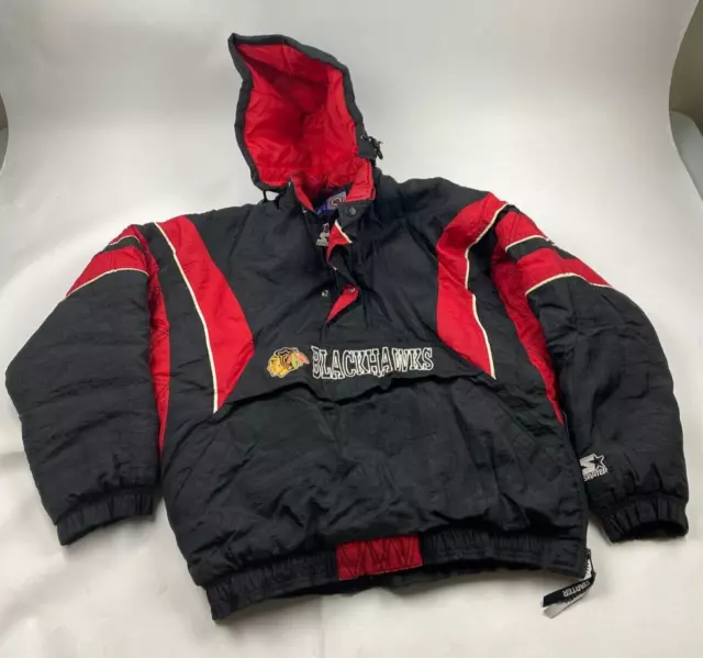 Vtg 90s Starter Blackhawks Pullover Sz L Black Red Colorblock Jacket Chicago