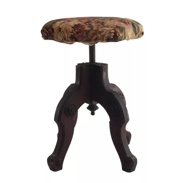VINTAGE VICTORIAN ORNATE ADJUSTABLE PIANO STOOL Reupholstered Seat Swivel READ