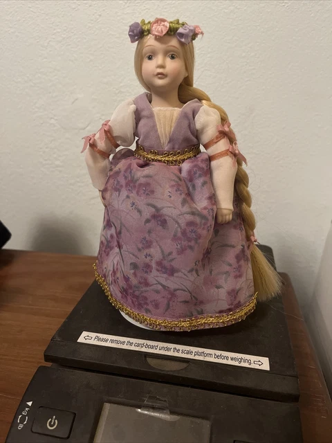Vintage 1986 AVON Fairy Tale Porcelain RAPUNZEL Doll w/Stand, 7.5” tall