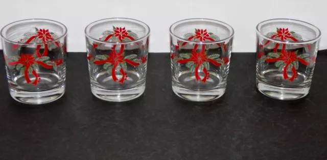 Anchor Hocking Poinsettia & Ribbons Christmas 9oz Rocks Glasses Tumblers