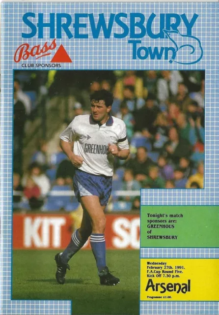 Football Programme SHREWSBURY TOWN v ARSENAL Feb 1991 FAC