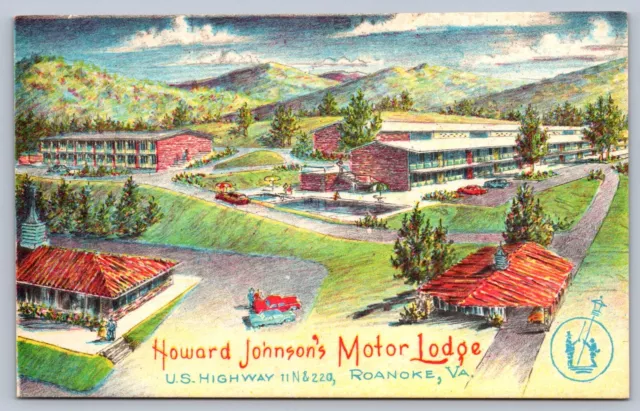 Postcard Howard Johnson's Motor Lodge Roanoke VA Artist Walter Bowers