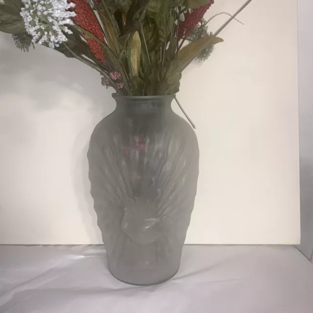 Antique Rare Anchor Hocking Frosted Glass Art Nouveau Peacock Vase 1930s