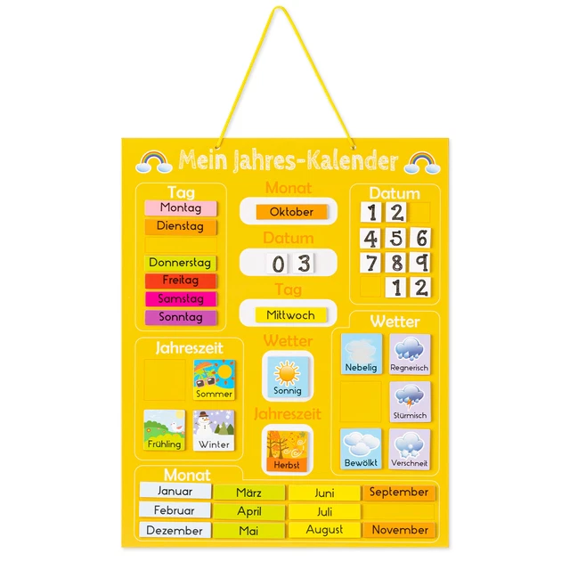 Kalender Tafel für Kinder Lerntafel Magnet Spiel Lernuhr Jahreszeiten Uhr