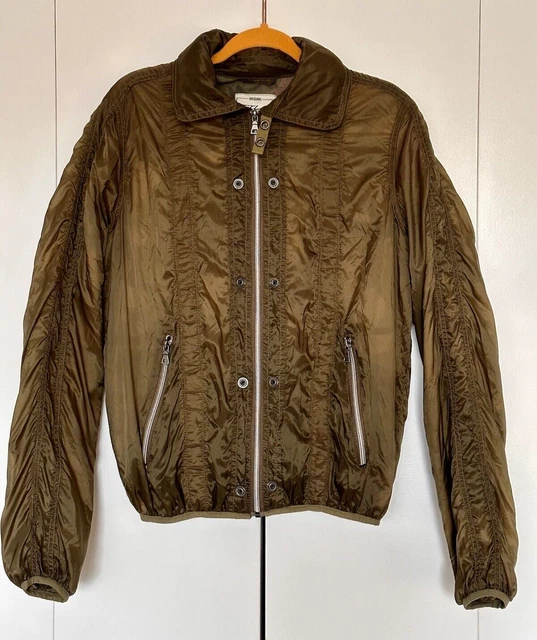 JetLag Womens Windbreaker Jacket Hooded Packable Ruched Olive Green M bv