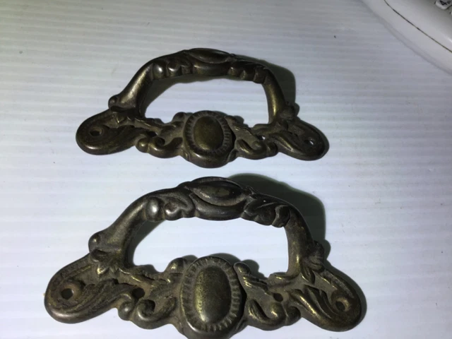 Antique Vtg Unusual Pair Cast Iron Handle Pull  Hardware Part Old 4 1/4 “fancy