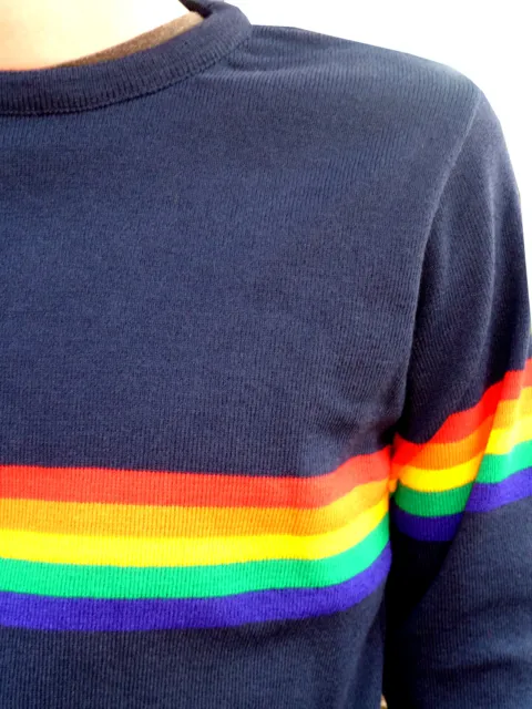 Mens Navy Blue rainbow jumper vtg retro 80s 70's indie hippy mod ELO McCartney 3