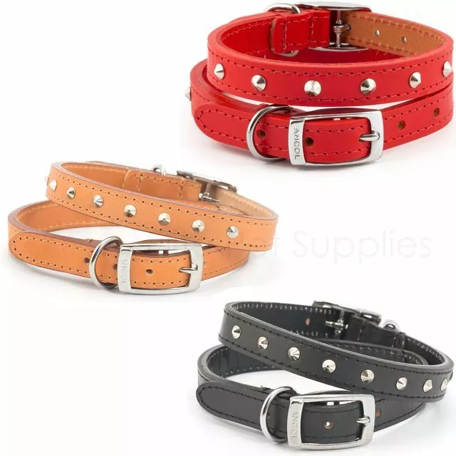 Ancol Heritage Stud Dog Puppy Strong Bridle Leather Collar - Black Red Tan