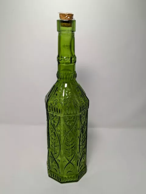 Green Stained Glass Bottle Home Kitchen Decor 12" Tall Octagon Fish Pattern Cork