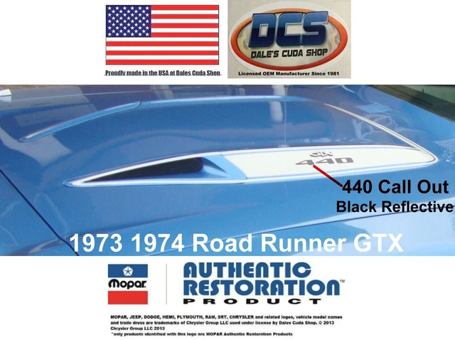 1973 74 Ply road runner GTX 440 Black Reflective Hood Bulge Decals NEW MoPar USA