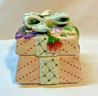 Fitz and Floyd Lidded Trinket Box Blue/Green Bow Purple and Pink Flowers