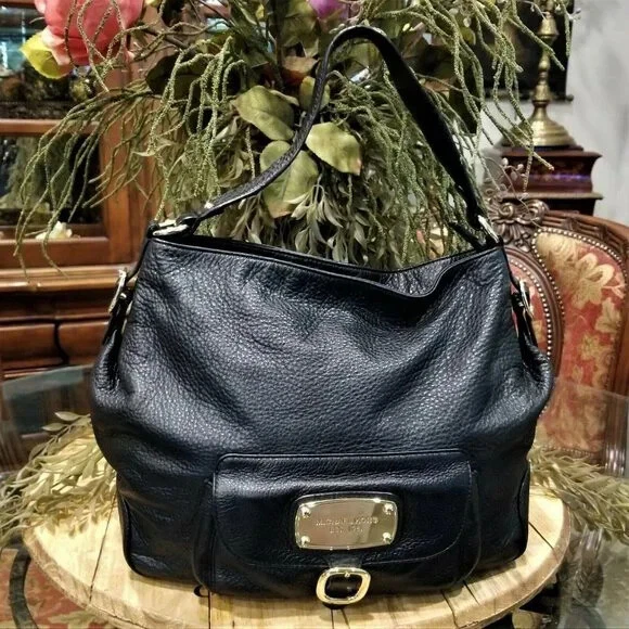 MICHAEL KORS Hudson Black & Gold Pebble Leather Hobo Shoulder Bag
