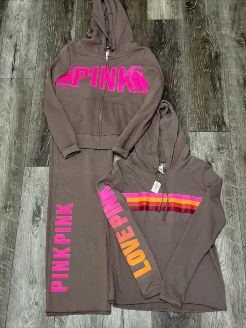 Victoria’s Secret Pink Set NWOT Brown/Pink Design Hoodie Zip Up Sweatpants
