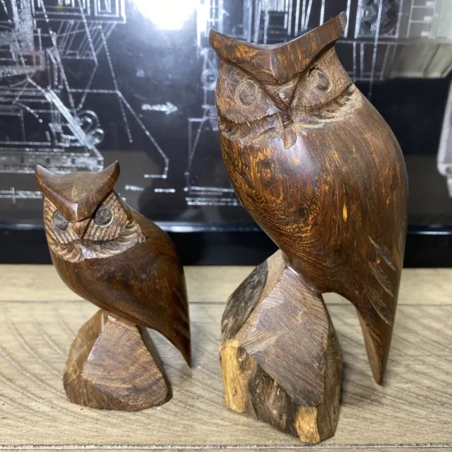 Vintage WOODEN OWL SET Of 2 Ironwood Hand Carved Figurines 6in.