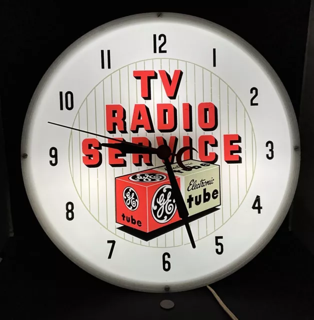 Vintage 1950'S Ge Radio Tv Service Tubes 16" Lighted Clock Gas Oil Sign~Works