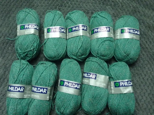 Lot De 10 Pelotes De Laine Phildar - Lin Et Acrylique - Couleur Vert Légèrement Moucheté