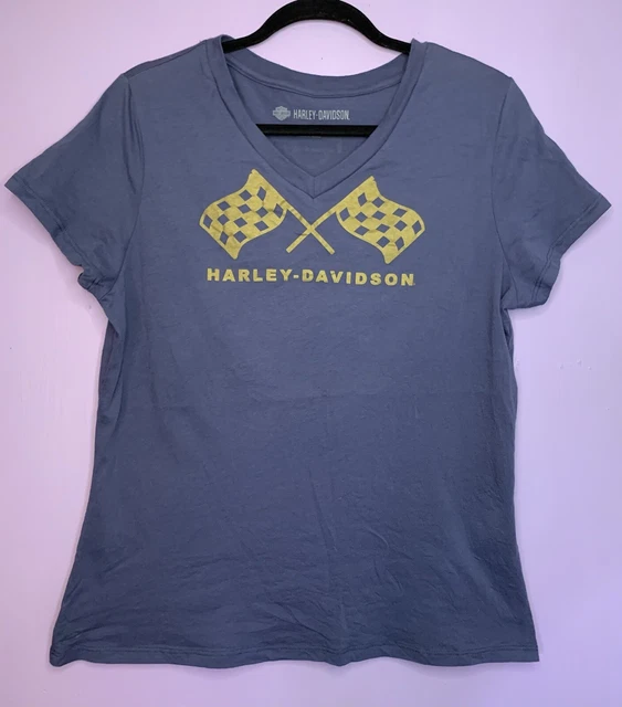 Harley Davidson Motorcycles Womens Blue Top Shirt Short Sleeve V Neck Medium