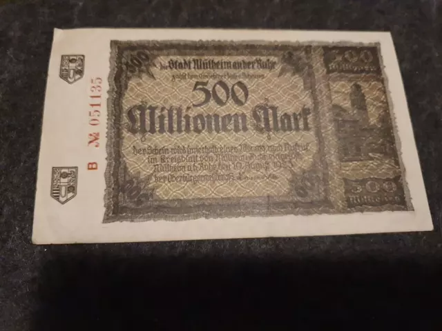 GELDSCHEIN 500 Millionen Mark 1923 Stadt Mühlheim an der Ruhr
