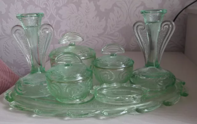 Art Deco Green Glass 7 Piece 'Rutland' Dressing Table Set by Bagley