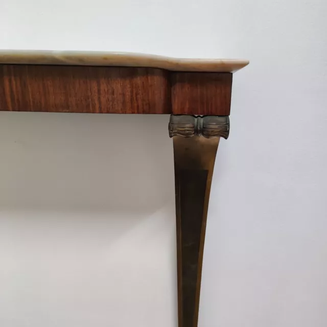 Consolle anni 50 in palissandro, gambe in ottone e base in marmo made in italy