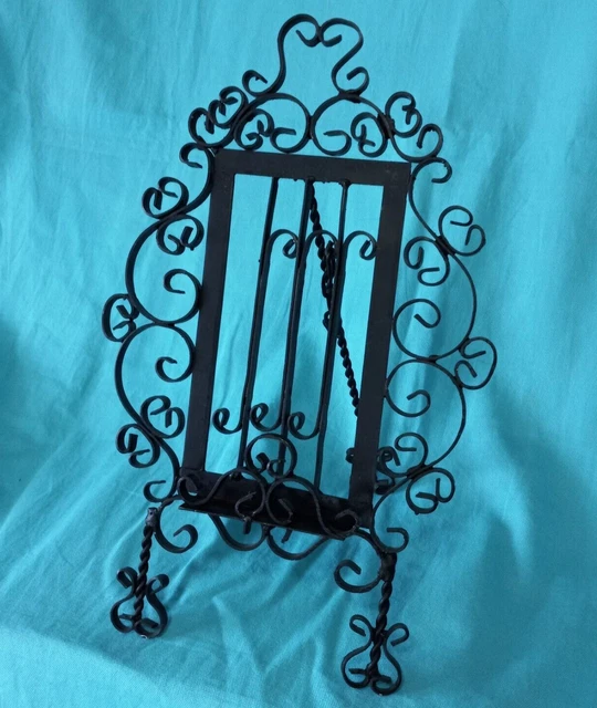 Handmade 14" Black Wrought Iron Easel; Ornate Scrollwork Twists Decorative Stand