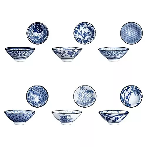 Kung Fu Tea Cup Set of 6 Chinese Tea Cup 1.69oz Blue and White Porcelain Tea ...