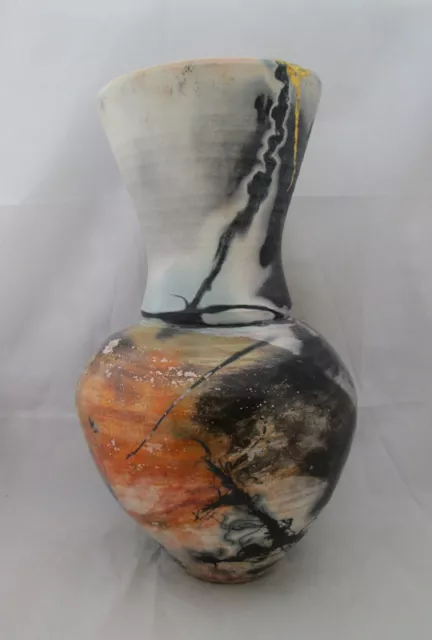 Studio Pottery Large Raku Fired Stoneware Vase, Signed Hs, Horsehair?