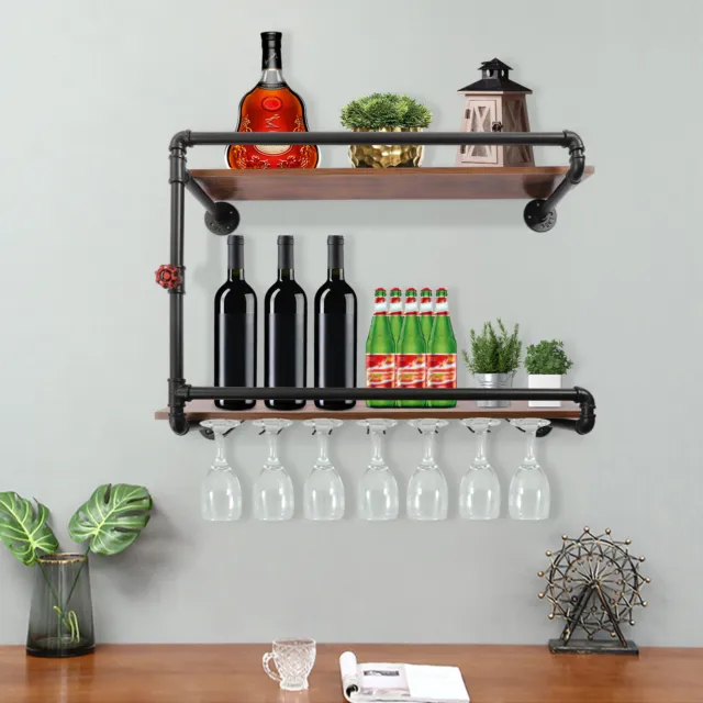 2 Tier Industrial Pipe Wine Rack Wall Mounted Hanging Floating Bar Shelves Home