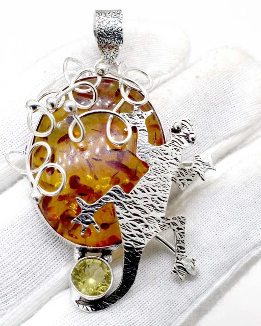 925 Sterling Silver Baltic Amber & Citrine Gemstone Jewelry Pendant S-2.10