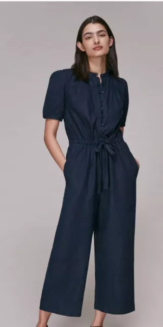 New Whistles Linen Jumpsuit Womens 14 Button Front Dark Denim Blue Jumper