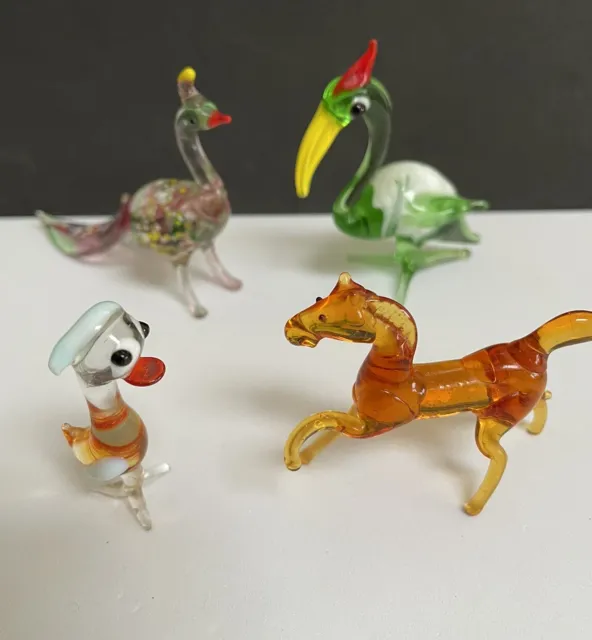 4 Vintage Miniature Murano Style Art Glass Lamp Work Animals Figurines