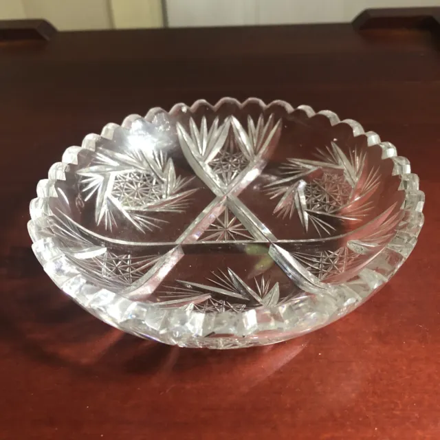 AMERICAN BRILLIANT CUT GLASS CRYSTAL Round Bowl Dish Hobstar Buzz Motif 5x1”