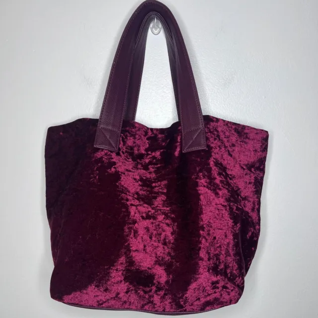 Neiman Marcus Womens Tote Bag Crushed Velvet Velour Burgundy Satin Lining Pocket