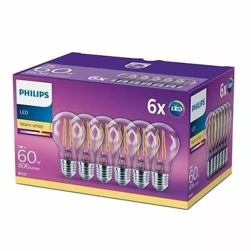 Lot de 6 ampoules à filament décoratives LED Classic, 7W E27 2700K Philips