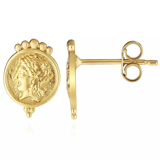 14K Yellow Gold Vintage-Inspired Roman Coin Stud Push Back Earrings 10mm