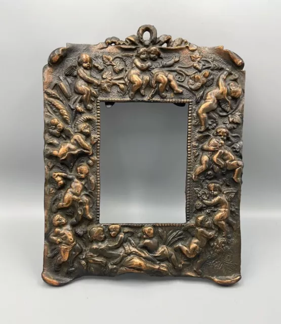 Antique Gorgeous Cast Metal Cherub Angel Picture Frame Flowers 8.5'' X 10”
