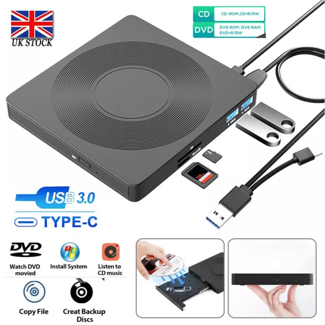 Slim External USB 3.0 DVD CD RW Writer Drive Burner Reader Player For Laptop PC.