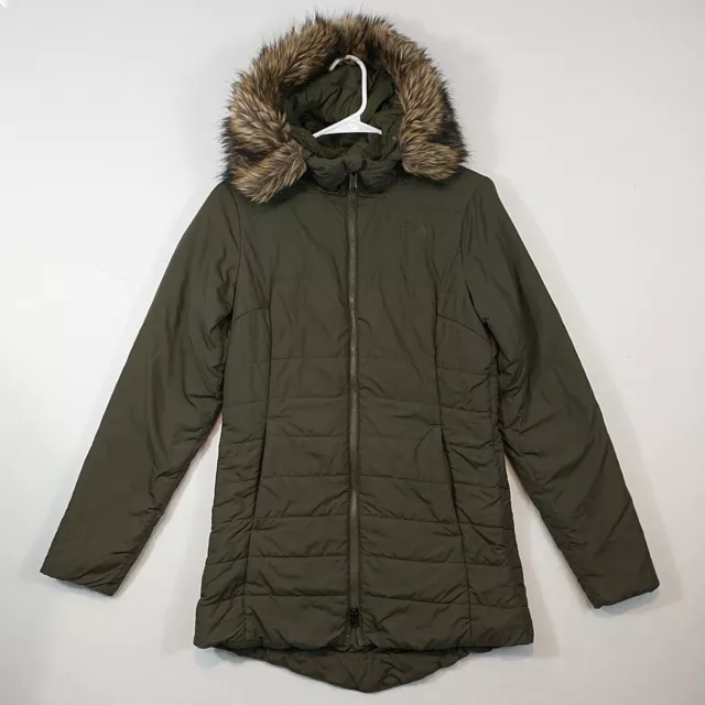 The North Face Women's Green Harway Parka Hooded Jacket Faux Fur Size Small